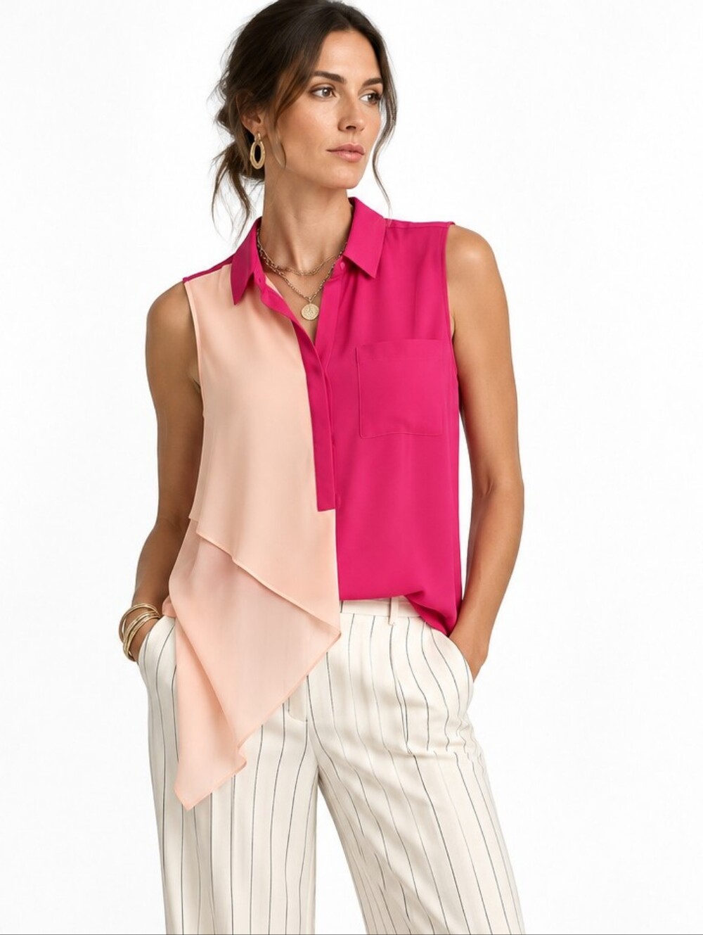 Haute Hippie Colorblock Pink and Peach Sleeveless Blouse